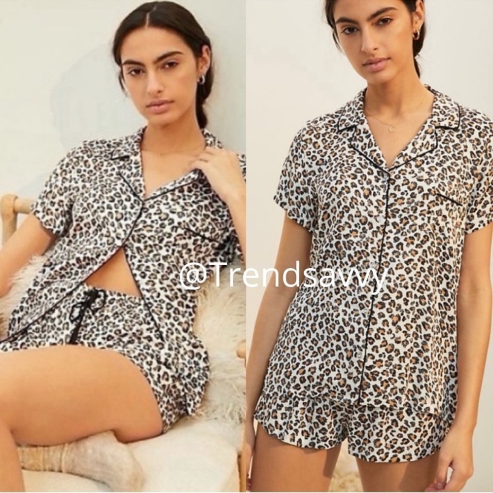 Anthropologie Splendid Posey Leopard Pajama Lounge Short Set Brown Sleepwear L